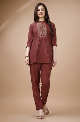  rust viscose blend floral embroidered festive & party co-ord set 1
