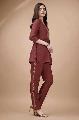  rust viscose blend floral embroidered festive & party co-ord set 2