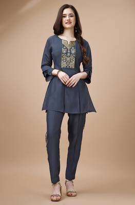  teal viscose blend floral embroidered festive & party co-ord set 1