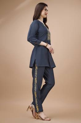  teal viscose blend floral embroidered festive & party co-ord set 2
