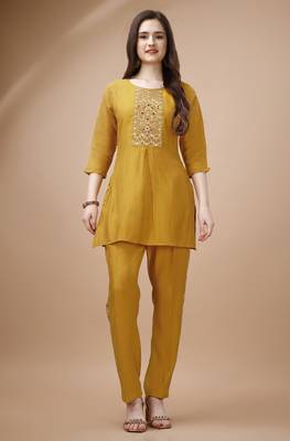  mustard viscose blend floral embroidered festive & party co-ord set 1