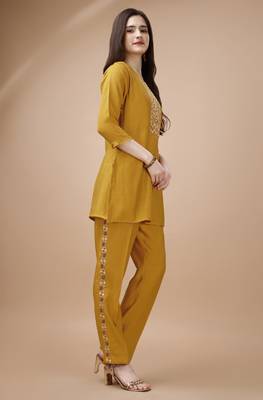  mustard viscose blend floral embroidered festive & party co-ord set 2
