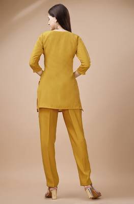  mustard viscose blend floral embroidered festive & party co-ord set 3