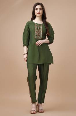  olive green viscose blend floral embroidered festive & party co-ord set 1