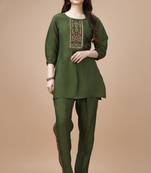  olive green viscose blend floral embroidered festive & party co-ord set