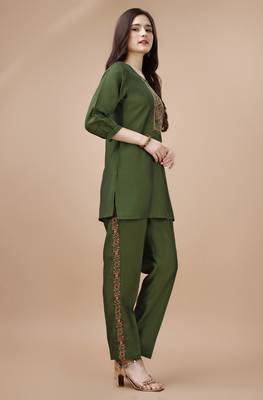  olive green viscose blend floral embroidered festive & party co-ord set 2
