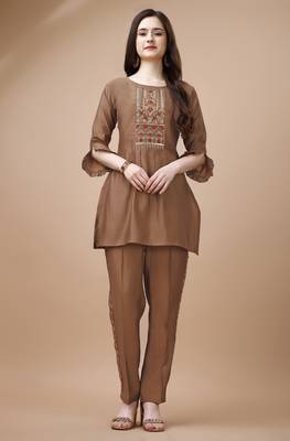  brown viscose blend floral embroidered festive & party co-ord set 1