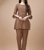  brown viscose blend floral embroidered festive & party co-ord set