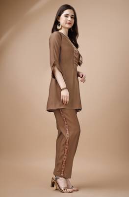  brown viscose blend floral embroidered festive & party co-ord set 2