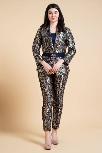  navy blue jacquard ethnic motifs brocade woven design festive & party co-ord set