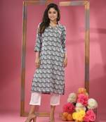 Black printed cotton kurta set with straight pant