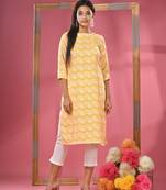 Yellow printed cotton kurta set with straight pant