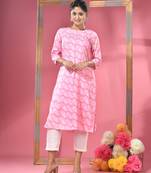 Pink printed cotton kurta set with straight pant