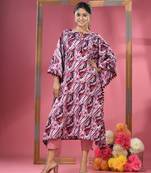 Multicolour printed dola silk kaftan & straight pant set with pompoms