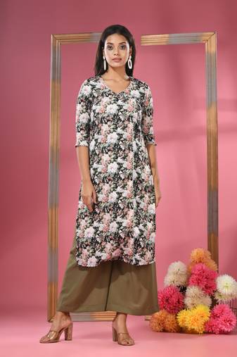 Black crepe floral printed angrakha kurta with palazzo set