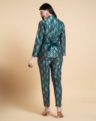  teal jacquard paisley brocade woven design festive & party co-ord set 2