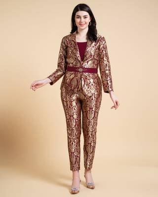  maroon jacquard ethnic motifs brocade woven design festive & party co-ord set 1