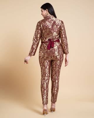  maroon jacquard ethnic motifs brocade woven design festive & party co-ord set 2