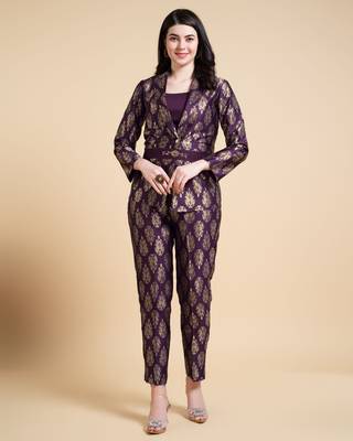  wine jacquard paisley brocade woven design festive & party co-ord set 1