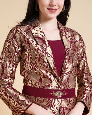  maroon jacquard ethnic motifs brocade woven design festive & party co-ord set 3