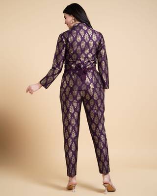  wine jacquard paisley brocade woven design festive & party co-ord set 2