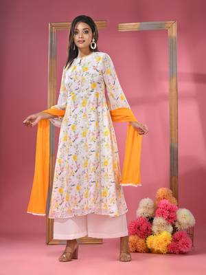 White georgette floral printed suit set with dupatta 2