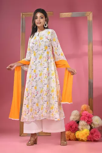 White georgette floral printed suit set with dupatta