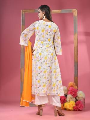 White georgette floral printed suit set with dupatta 3