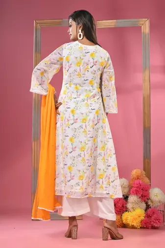 White georgette floral printed suit set with dupatta