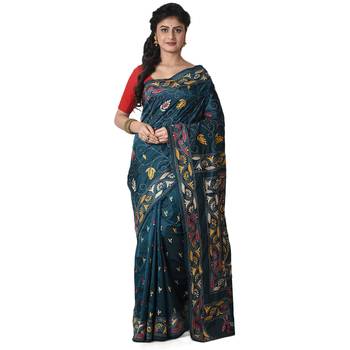 Aishani Collection Hand Embroidery Kantha Stitch Silk Handloom Saree with bp (Moss Green) 1