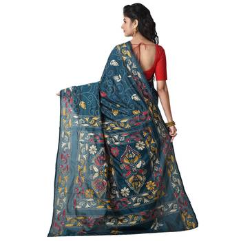 Aishani Collection Hand Embroidery Kantha Stitch Silk Handloom Saree with bp (Moss Green) 2