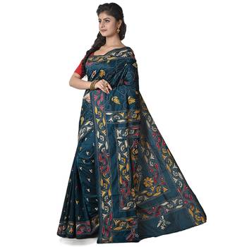 Aishani Collection Hand Embroidery Kantha Stitch Silk Handloom Saree with bp (Moss Green) 3