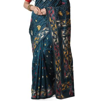 Aishani Collection Hand Embroidery Kantha Stitch Silk Handloom Saree with bp (Moss Green) 5