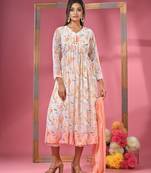 White georgette floral printed & gathered suit set with dupatta