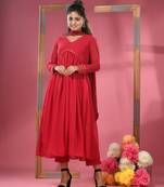 Pinkish red georgette gathered suit set with dupatta