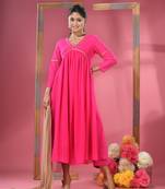 Shocking pink georgette gathered suit set with dupatta