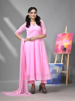Baby pink georgette gathered suit set with dupatta 1
