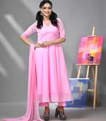 Baby pink georgette gathered suit set with dupatta