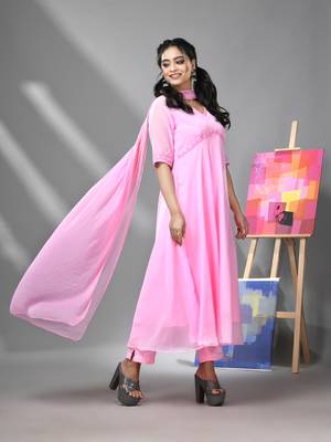 Baby pink georgette gathered suit set with dupatta 2