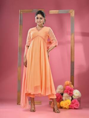 Peach georgette gathered suit set with dupatta 1