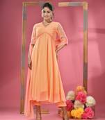Peach georgette gathered suit set with dupatta