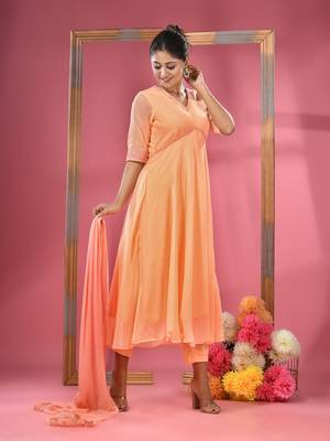 Peach georgette gathered suit set with dupatta 2
