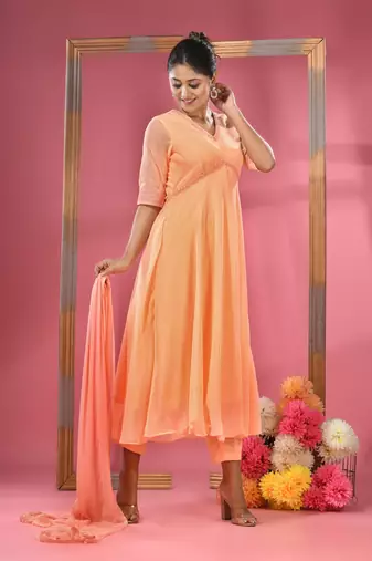 Peach georgette gathered suit set with dupatta