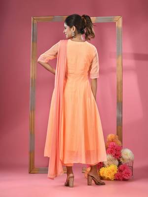 Peach georgette gathered suit set with dupatta 3