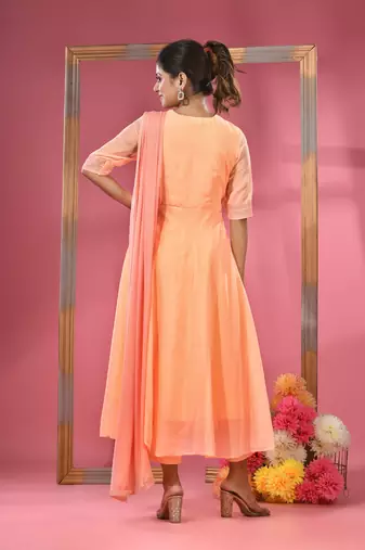 Peach georgette gathered suit set with dupatta
