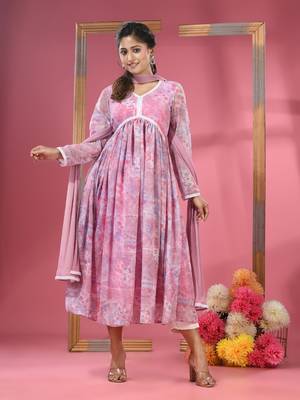 Pink foliage printed gathered georgette suit set with dupatta 1