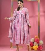 Pink foliage printed gathered georgette suit set with dupatta