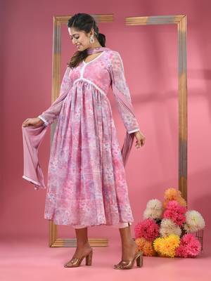 Pink foliage printed gathered georgette suit set with dupatta 2