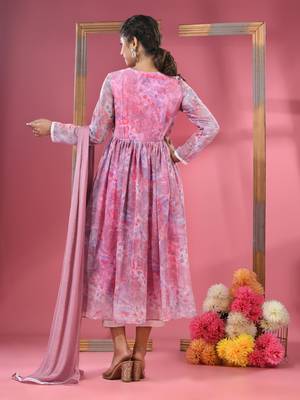 Pink foliage printed gathered georgette suit set with dupatta 3