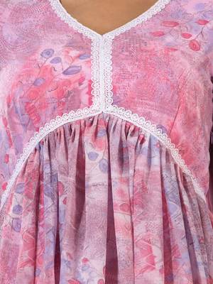 Pink foliage printed gathered georgette suit set with dupatta 4